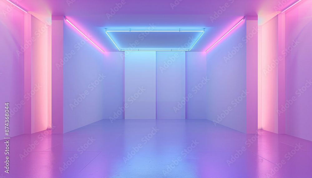 Poster 3d rendering of an empty pastel room with neon tube on wall background in a studio setting. vivid an