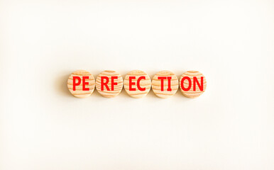 Perfection symbol. Concept word Perfection on beautiful wooden circles. Beautiful white background. Business perfection concept. Copy space.