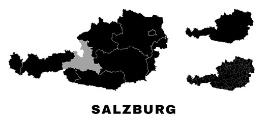 Obraz premium Salzburg map, Austrian state. Austria administrative provinces, boroughs, and municipalities.