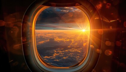 Sunrise view from airplane window with clouds and golden light.
