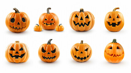 A set of Halloween pumpkins arranged on a white background, showcasing different shapes and sizes for a festive autumn feel.
