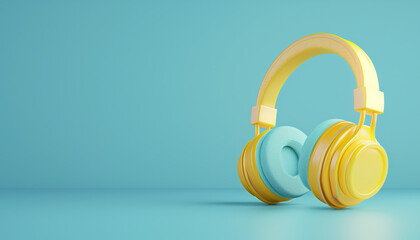 Naklejka premium Stylish Yellow Headphone On A Soft Blue Background In 3d Rendering - Eye-Catching Audio Accessory In Trendy Color Scheme.