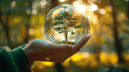 Fototapeta premium Person holding glass sphere with tree. Forest background, sun rays, bokeh effect, green palette. Environment conservation and sustainability concept
