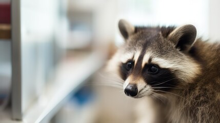 Sad raccoon in a veterinary clinic.