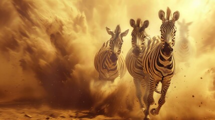 Fototapeta premium Zebras Running Through a Dust Cloud