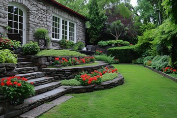 Stone steps with a lush green lawn and flowerbeds in front of a stone house