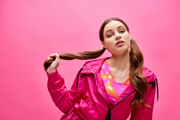 A young woman in her 20s, exudes style and elegance, wearing a pink jacket in a studio with a vibrant pink background.