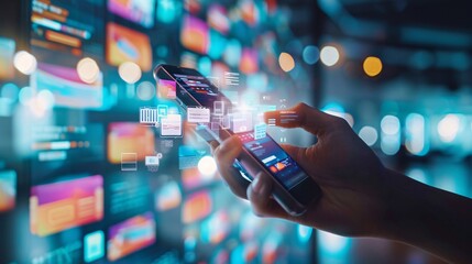 Digital marketing and online advertising to targeted customers. Shooting ads on cross feeds to optimize customer engagement. Person using mobile smartphone with virtual screen of ADs on website
