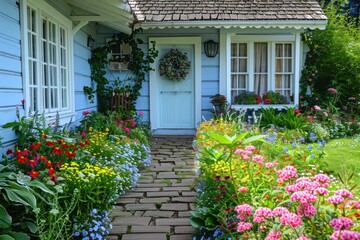 A stone pathway leads to the entrance of a charming blue cottage, bordered by vibrant flower beds