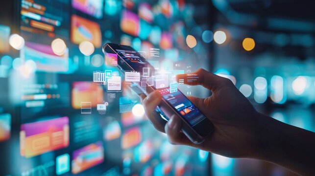 Digital marketing and online advertising to targeted customers. Shooting ads on cross feeds to optimize customer engagement. Person using mobile smartphone with virtual screen of ADs on website