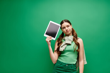 A young beautiful woman in her 20s confidently holds a tablet computer, engaged in digital communication.