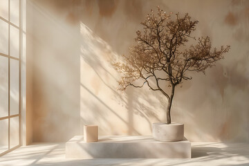 Intérieur zen minimaliste baigné de soleil