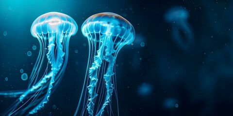 Two bioluminescent jellyfish illuminate deep ocean waters with mesmerizing glow. Concept Underwater World, Bioluminescent Creatures, Ocean Exploration, Marine Biology, Natural Phenomenon