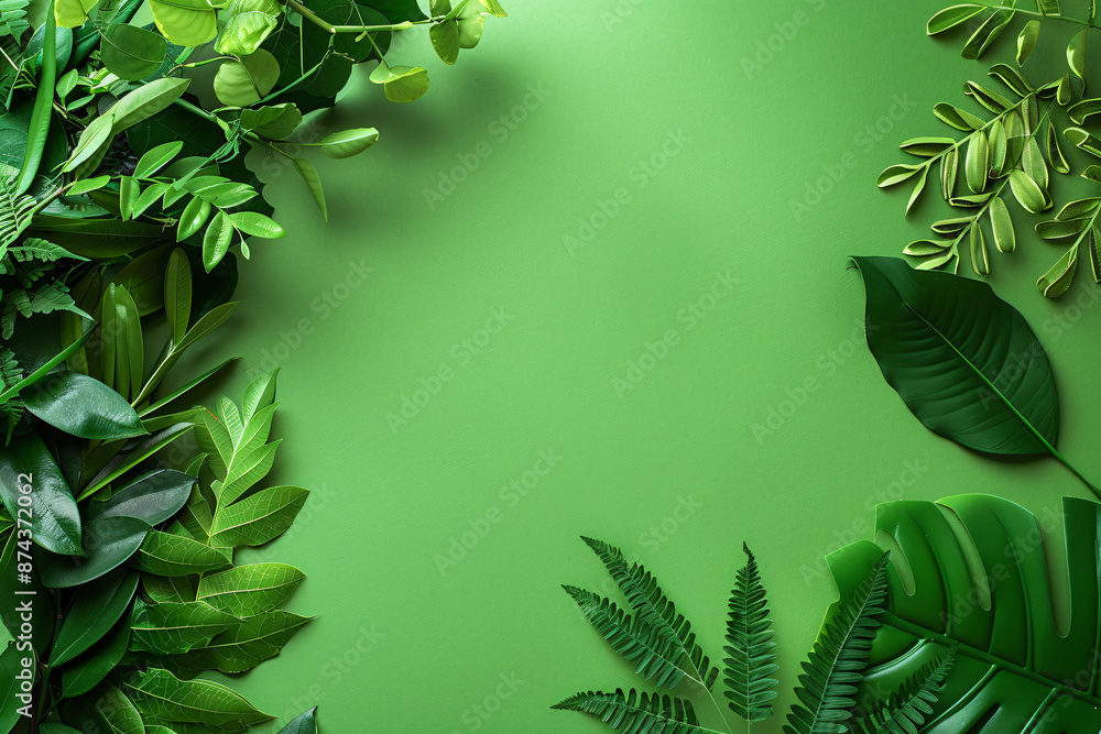 Poster minimalistic green background with leaves on the left side, top view. mockup for design in the style