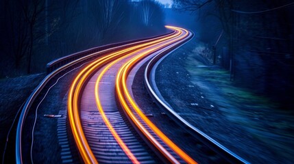 Train Tracks with Light Trails at Night