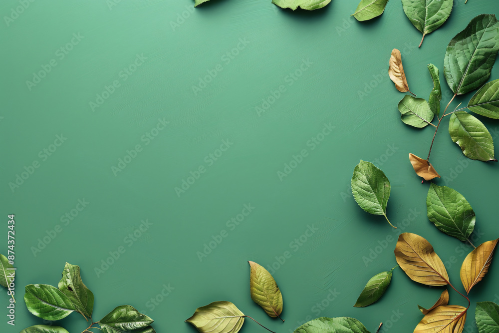 Poster minimalistic green background with leaves on the left side, top view. mockup for design in the style
