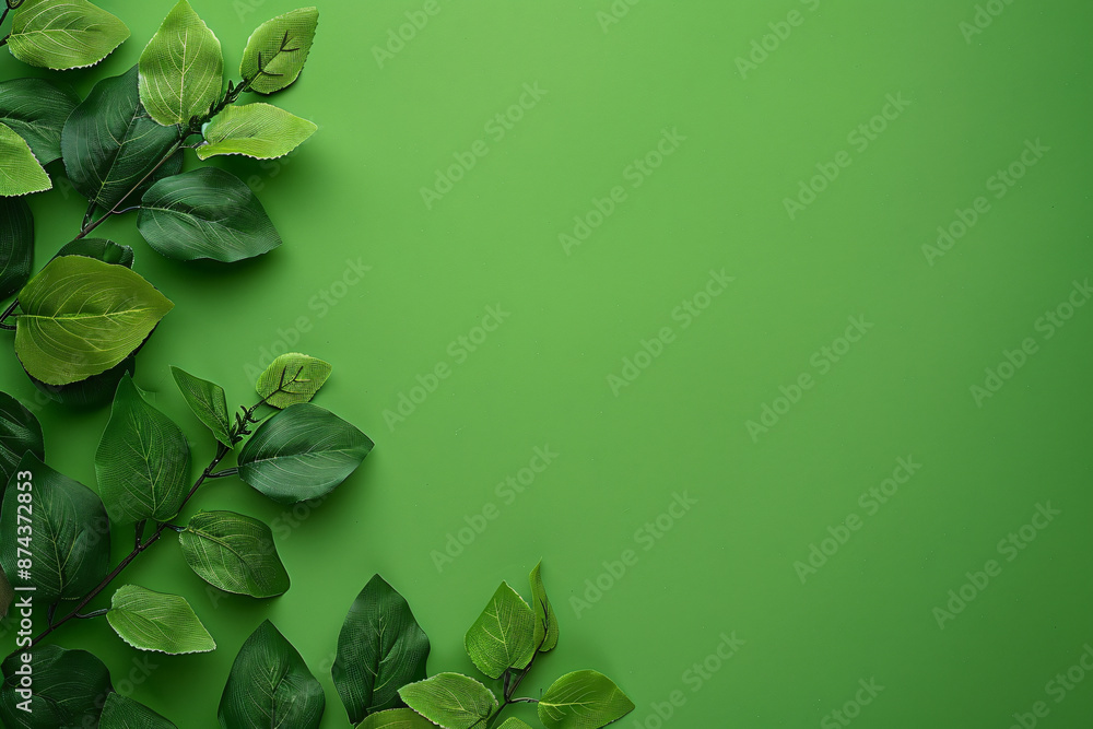 Aufkleber minimalistic green background with leaves on the left side, top view. mockup for design in the style