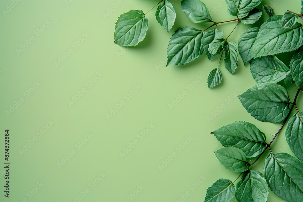 Poster minimalistic green background with leaves on the left side, top view. mockup for design in the style