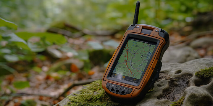 A handheld GPS device displayed on a moss-covered rock in a forest environment, signifying navigation and exploration activities in a natural setting.