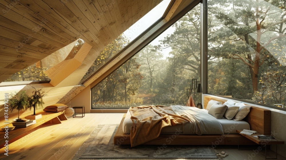 Poster a large, modern bedroom with a bed made of wood and a forest view through a large window. the room f