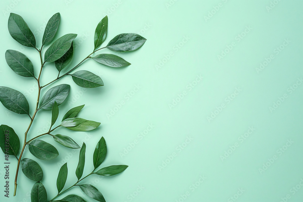 Aufkleber minimalistic green background with leaves on the left side, top view. mockup for design in the style