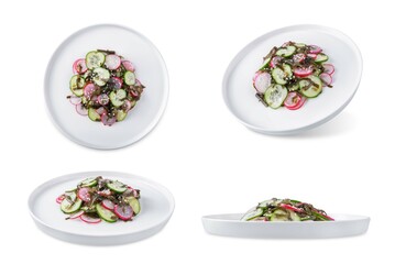 Seaweed radish cucumber salad in a plate on a white isolated background