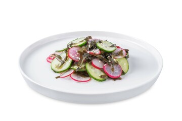 Seaweed radish cucumber salad in a plate on a white isolated background