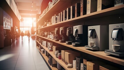 Shopping in an open air supermarket, coffee machines products, green and sustainable, sunrise, warm tones.	