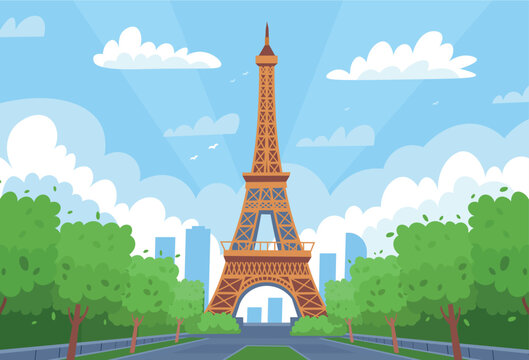 Eiffel Tower in capital of France. Tourism trip. Eiffel tower with trees. Cartoon flat style.