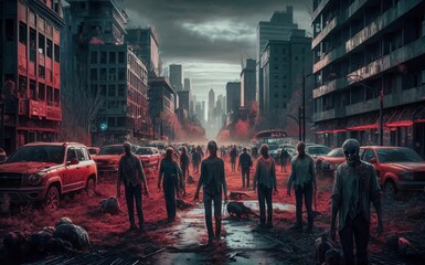 Obraz premium A zombie apocalypse scene in an abandoned city, with undead wandering the streets