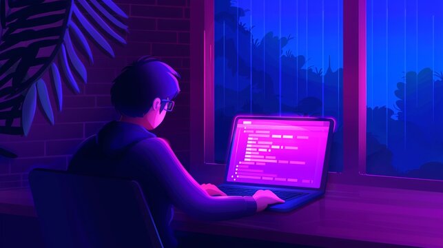 A person in a dark room with a laptop, coding, Realistic, Natural and blue tones, Detailed code and environment