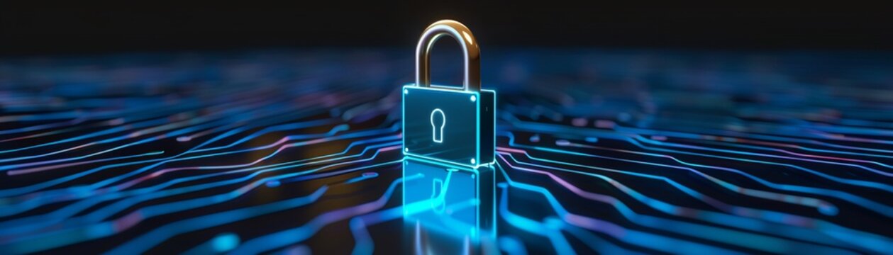 A padlock over a digital screen symbolizing data security, Realistic, Blue tones, Detailed lock and digital elements