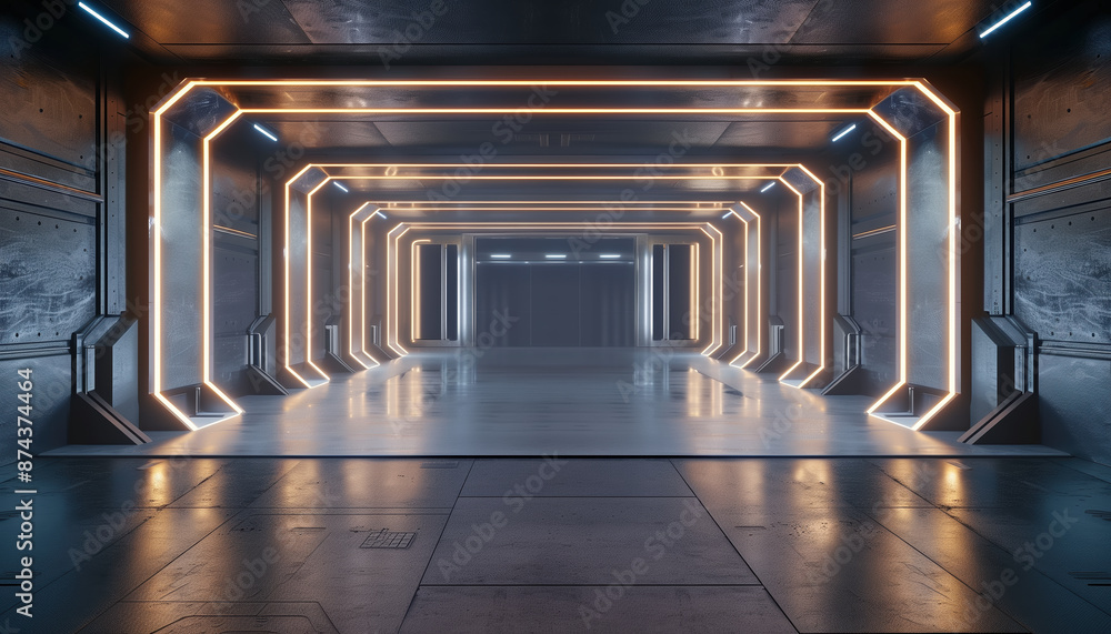 Poster modern future technology interior concept with abstract futuristic sci-fi corridor and empty room fo