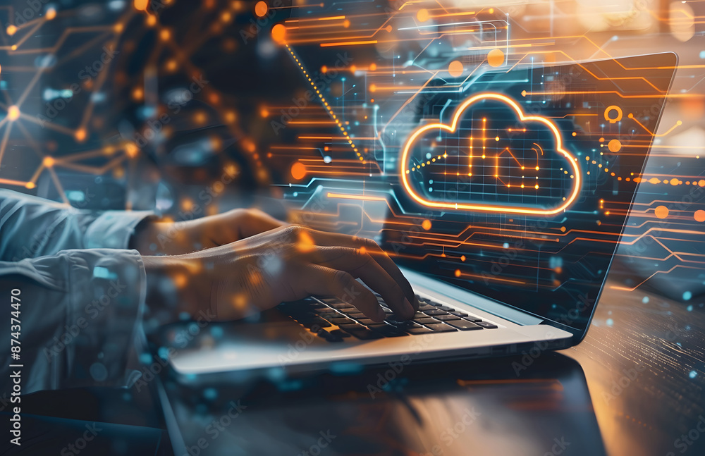Poster storage network cloud service concept. cloud data transfer and online storage for business networks 