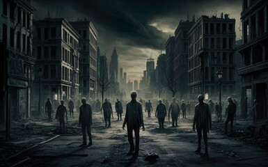 A zombie apocalypse scene in an abandoned city, with undead wandering the streets