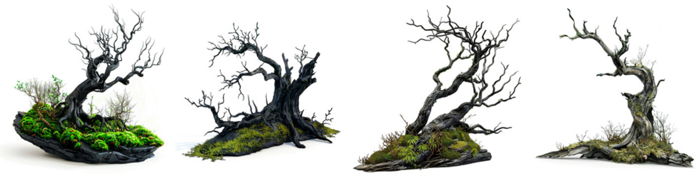 Set of black dead trees on mossy ground on a transparent background