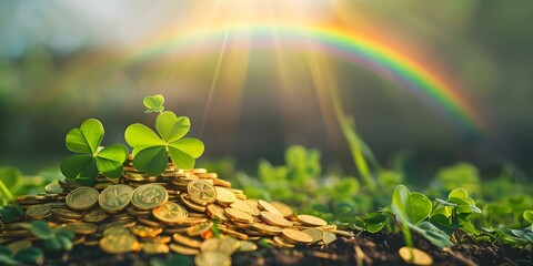 Pot of gold coins in clover field under rainbow on St Patricks Day. Concept St Patrick's Day, Pot of Gold, Clover Field, Rainbow, Irish Traditions