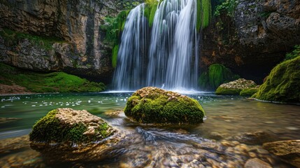 Fototapeta premium A serene waterfall in a hidden glade, with moss-covered rocks and clear, cool water flowing into a pool below.