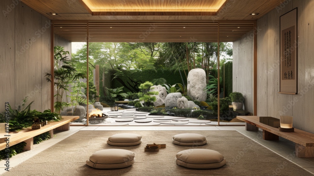 Aufkleber a serene meditation room with a view of a japanese garden through large windows. cushions are placed