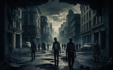 A zombie apocalypse scene in an abandoned city, with undead wandering the streets