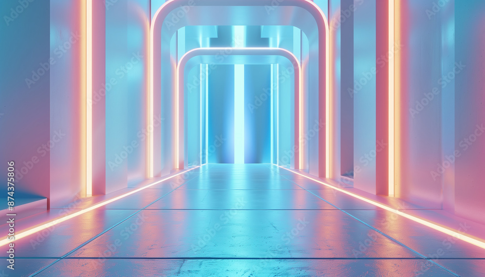 Poster Futuristic Sci-Fi Corridor With Illuminated Empty Floor And Room For Product Display In Modern Technology Interior - 3d Render.