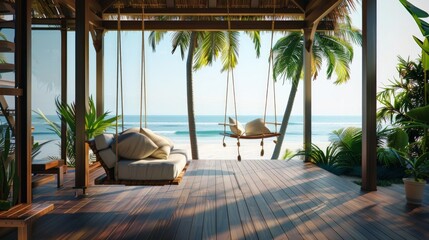 Relaxing Beachfront Patio with Swing and Palm Trees