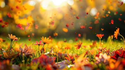 Autumn Leaves Falling on Green Grass with Orange and Yellow Flowers in Sunlight.