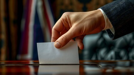  UK voter with ballot paper in hand and United Kingdom flag 