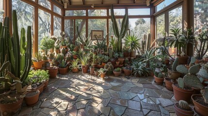 A variety of cactus and succulents are arranged in terracotta pots in a sunlit greenhouse. The floor is made of irregular stone pavers, creating a natural and rustic feel.