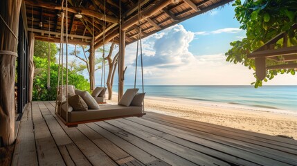 Obraz premium Relaxing Beachfront View from a Wooden Patio