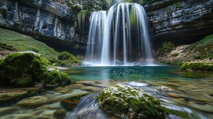 A serene waterfall in a hidden glade, with moss-covered rocks and clear, cool water flowing into a pool below.