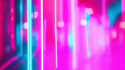 This image displays a vibrant scene with neon lights in various colors, illuminating the night. The abstract setting features reflections and geometric patterns, creating a futuristic urban - Powered by Adobe