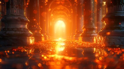 Obraz premium Orange light shining through archway of old building.