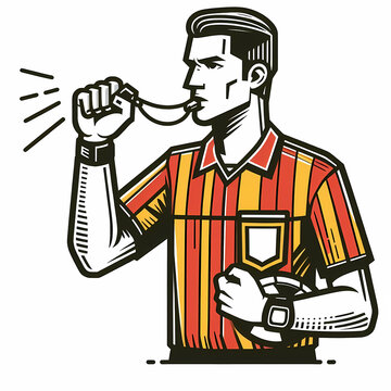 referee blowing whistle, striped shirt, action clip art preview